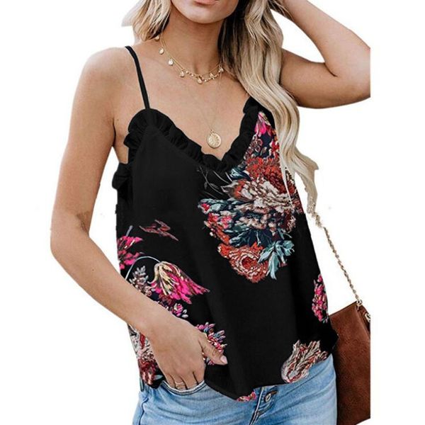 women's sleeveless spaghetti strap floral print v neck lace stitching loose camisole, White
women's sleeveless spaghetti strap floral print v neck lace stitching loose camisole, White