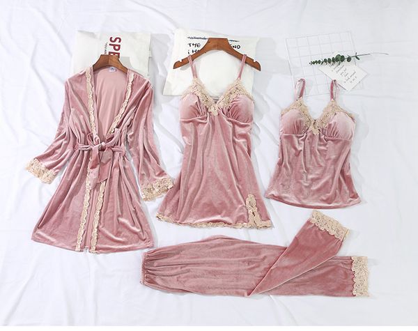 2019 gold velvet four-piece warm winter pajamas suit women's lace pajamas ladies sleeveless home service suit set, Black;red
2019 gold velvet four-piece warm winter pajamas suit women's lace pajamas ladies sleeveless home service suit set, Black;red