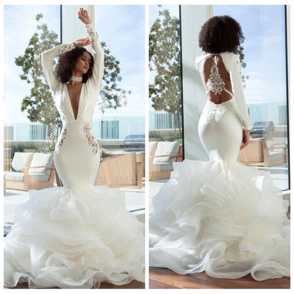 2021 v-neck lace appliques slim mermaid wedding dresses long sleeves organza ruffles floor length formal european vestidos de soiree custom, White
2021 v-neck lace appliques slim mermaid wedding dresses long sleeves organza ruffles floor length formal european vestidos de soiree custom, White