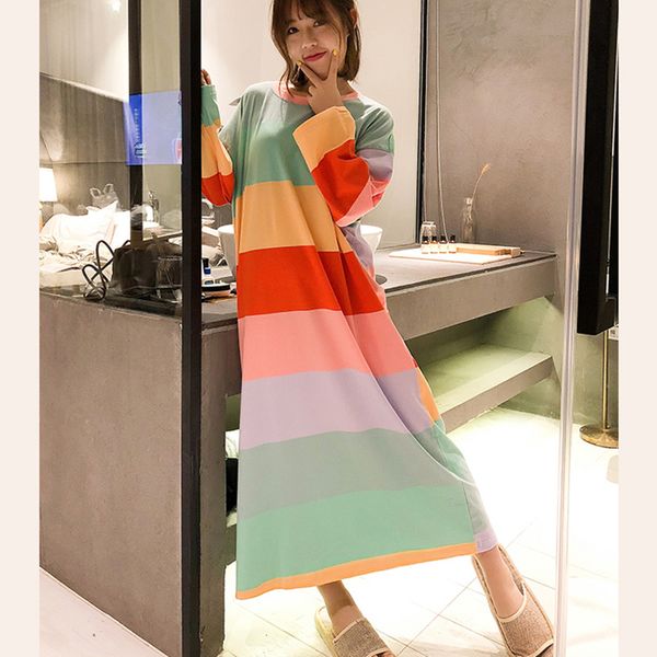 rainbow striped nightdress female 2019 spring autumn cotton long-sleeved loose long skirt loose large size home service l63, Black;red
rainbow striped nightdress female 2019 spring autumn cotton long-sleeved loose long skirt loose large size home service l63, Black;red