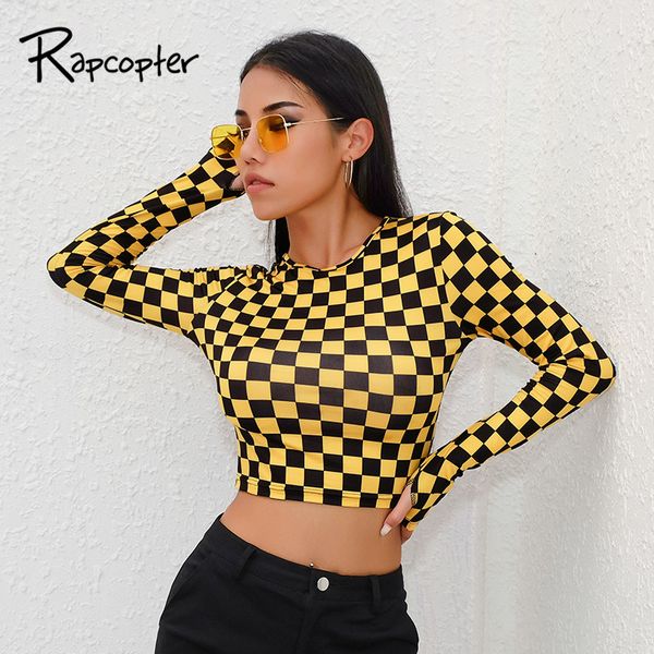 

rapcopter women plaid casual t-shirt streetwear long sleeve t-shirt cropped yellow checkboard o-neck bodycon female, White