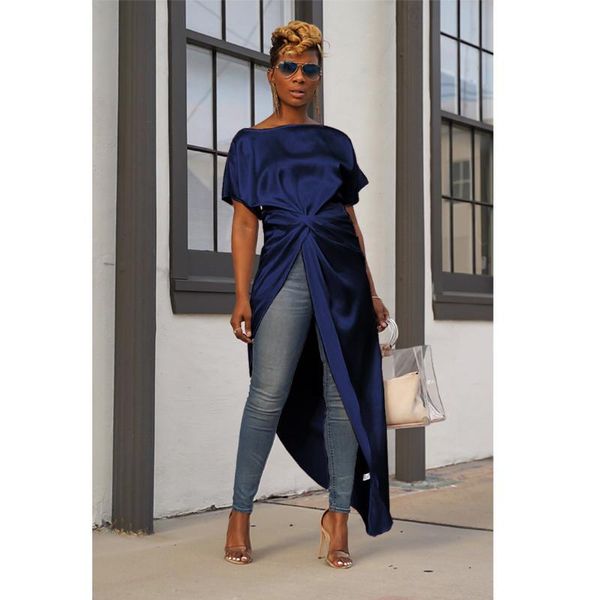 back fashion blouse short sleeve irregular tees women split long solid short front long, White
back fashion blouse short sleeve irregular tees women split long solid short front long, White