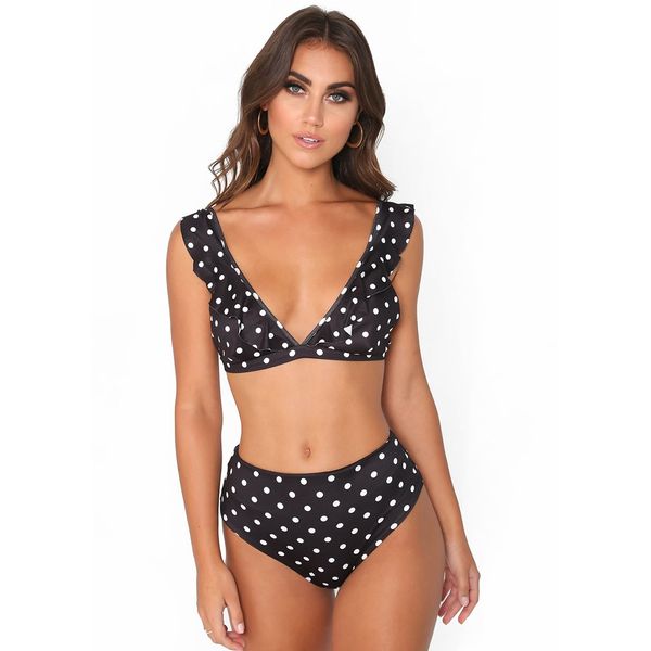 bikini set 2pcs swimwear for women lotus leaf deep v swimsuit black and white polka dot print swimsuit, White;black
bikini set 2pcs swimwear for women lotus leaf deep v swimsuit black and white polka dot print swimsuit, White;black