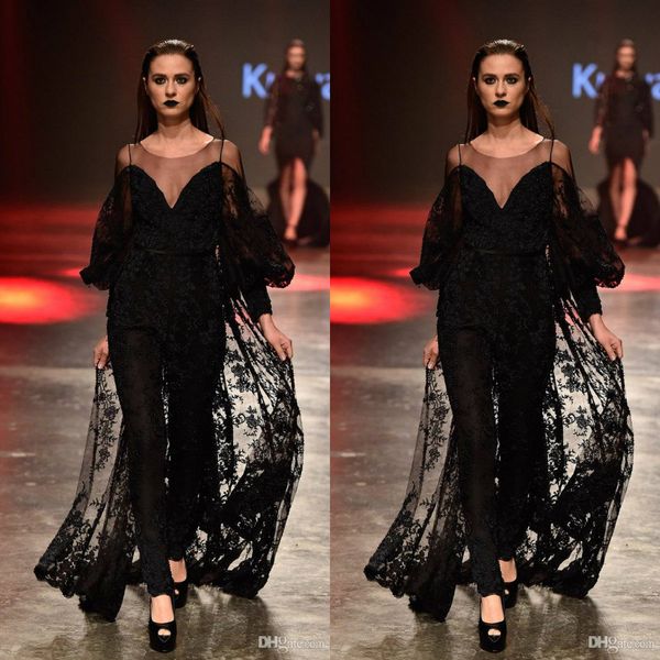 black yousef aljasmi jumpsuit prom dresses sheer scoop neck long sleeve formal evening dress with overskirts lace party gowns
black yousef aljasmi jumpsuit prom dresses sheer scoop neck long sleeve formal evening dress with overskirts lace party gowns