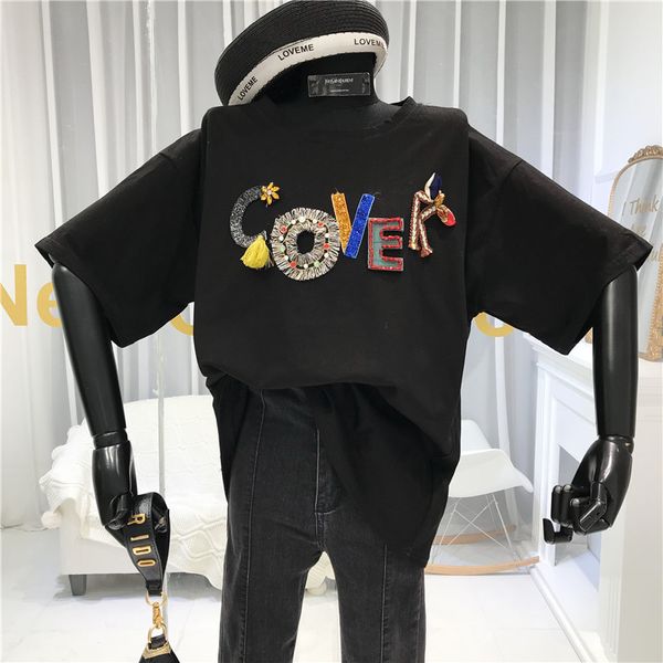 spring summer 2020 new heavy sequin letter patch bead short sleeve t-shirt women's loose tee casual long pullover, White
spring summer 2020 new heavy sequin letter patch bead short sleeve t-shirt women's loose tee casual long pullover, White