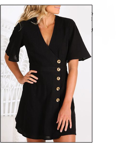 Summer Female V Neck Dress Women Short Sleeve Dresses with Single Button Sexy Ladies Work Dresses
Summer Female V Neck Dress Women Short Sleeve Dresses with Single Button Sexy Ladies Work Dresses