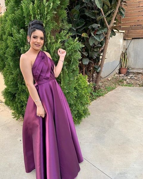 front leg slit evening gowns purple satin pne shoulder pleats simple formal evening dresses long skirt with pockets, Black;red
front leg slit evening gowns purple satin pne shoulder pleats simple formal evening dresses long skirt with pockets, Black;red