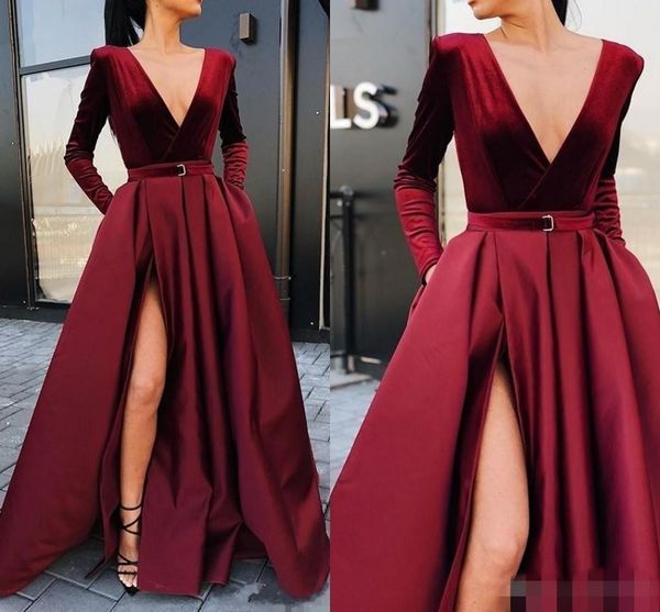 deep v neck prom dresses burgundy long sleeves velvet satin side slit sash belt floor length evening gowns formal occasion wear, Black
deep v neck prom dresses burgundy long sleeves velvet satin side slit sash belt floor length evening gowns formal occasion wear, Black