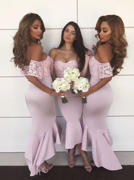 light pink mermaid tea length bridesmaids dress off shoulders lace with sleeve country style short front long back satin prom dress, White;pink
light pink mermaid tea length bridesmaids dress off shoulders lace with sleeve country style short front long back satin prom dress, White;pink