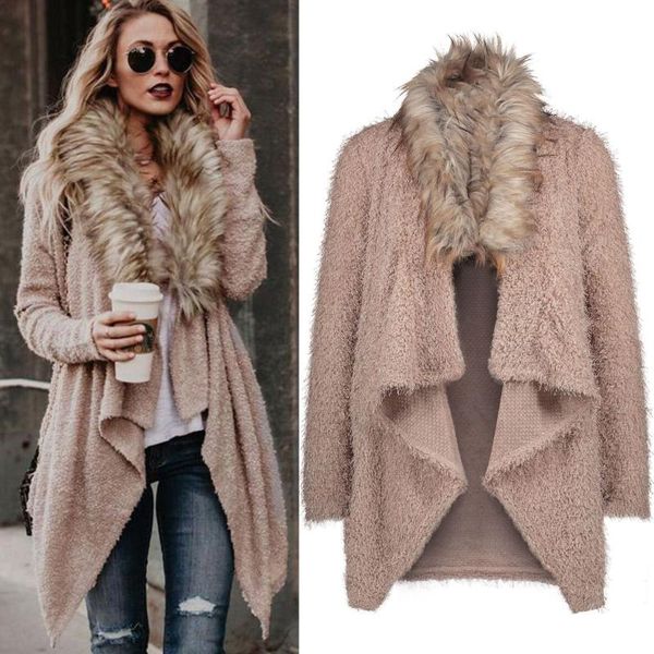 casual faux fur collar irregular plush stitching trench coat fuzzy fleece jacket long sleeved loose outwear, Black 
casual faux fur collar irregular plush stitching trench coat fuzzy fleece jacket long sleeved loose outwear, Black