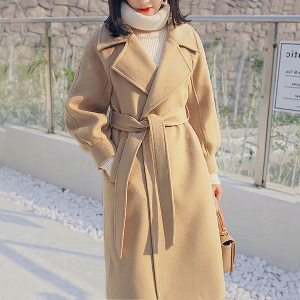 elegant turn-down collar adjustable belt jacket winter loose warm wool blends long coat women office work wear outwear, Black
elegant turn-down collar adjustable belt jacket winter loose warm wool blends long coat women office work wear outwear, Black