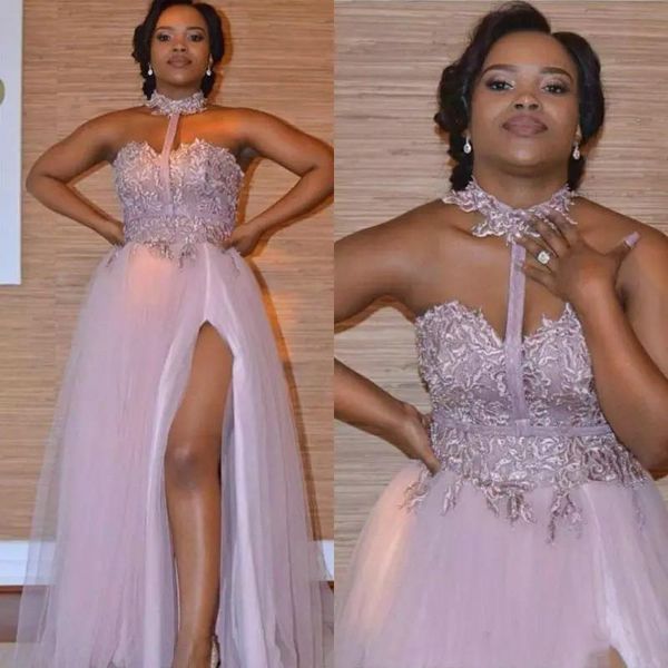 2020 elegant purple halter prom dresses with lace appliqued side split sleeveless african a line evening party gowns custom made, Black
2020 elegant purple halter prom dresses with lace appliqued side split sleeveless african a line evening party gowns custom made, Black