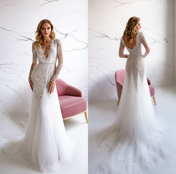2020 fashion wedding dresses v-neck long sleeves lace appliques beads mermaid bridal gowns custom made backless sweep train wedding dress, White
2020 fashion wedding dresses v-neck long sleeves lace appliques beads mermaid bridal gowns custom made backless sweep train wedding dress, White