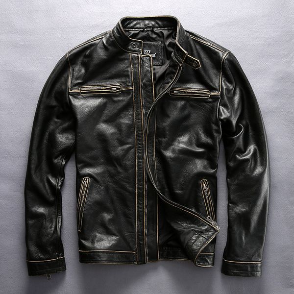 men's vintage genuine leather jacket with pockets korean style stand collar slim fit cow leather coat men motorcycle jacket male, Black
men's vintage genuine leather jacket with pockets korean style stand collar slim fit cow leather coat men motorcycle jacket male, Black