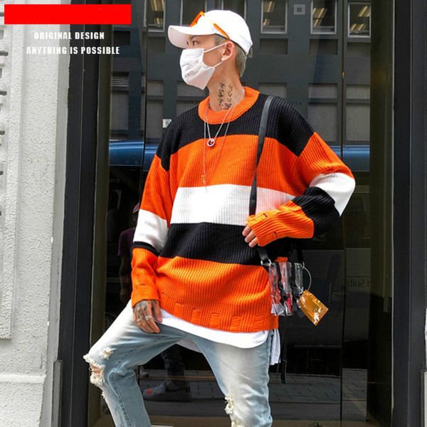 original chic brand men's autumn and winter new products high street color matching striped loose sweater men's sweater, White;black
original chic brand men's autumn and winter new products high street color matching striped loose sweater men's sweater, White;black