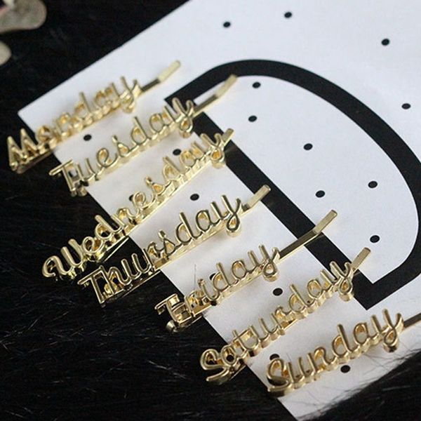 vintage gold metal hair clips girls gift personality monday to sunday english letter hairpin shaped hair accessories for women, Golden;white
vintage gold metal hair clips girls gift personality monday to sunday english letter hairpin shaped hair accessories for women, Golden;white
