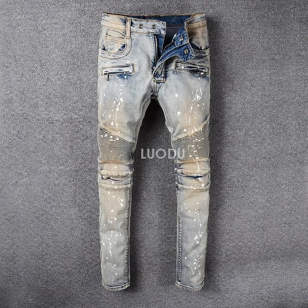 new france style #990# men's embellished ribbed oil painted stretch moto pants washed gray biker jeans slim trousers size 29-42 #345573, Blue
new france style #990# men's embellished ribbed oil painted stretch moto pants washed gray biker jeans slim trousers size 29-42 #345573, Blue