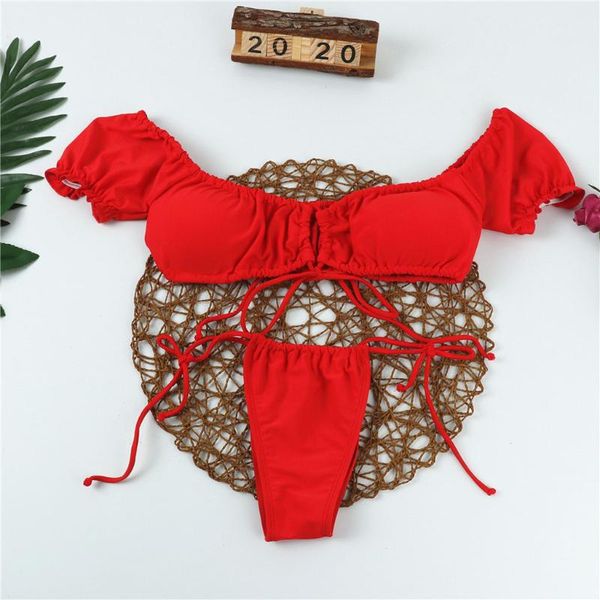 bikini 2020 women off shoulder swimsuit bandage thong high waist bikini set solid color short sleeve bathing suit beachwear, White;black
bikini 2020 women off shoulder swimsuit bandage thong high waist bikini set solid color short sleeve bathing suit beachwear, White;black