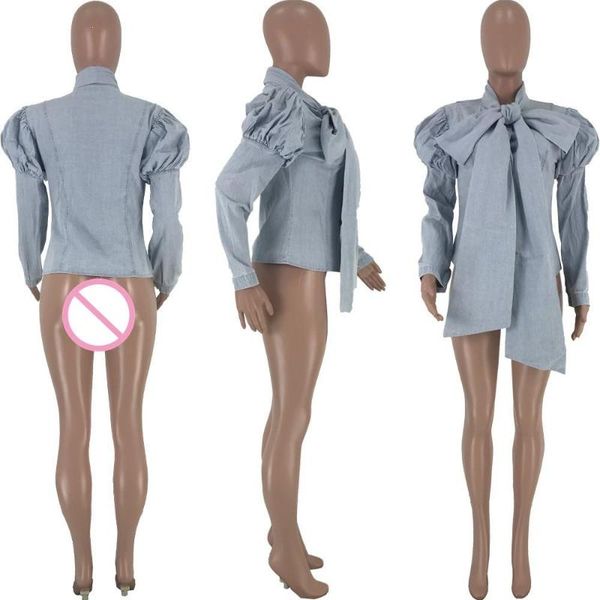women's blouses & shirts streetwear women bowknot puff sleeve blouse long bow blue denim loose, White
women's blouses & shirts streetwear women bowknot puff sleeve blouse long bow blue denim loose, White