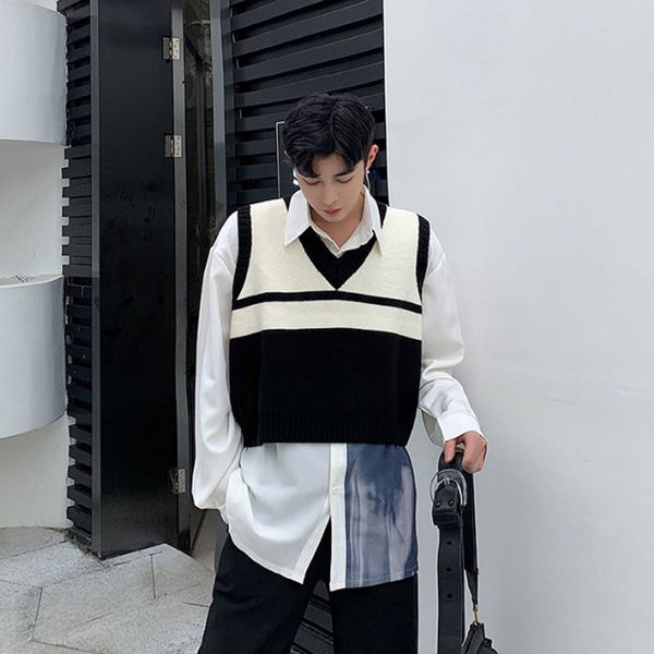 men vintage fashion v-neck sleeveless stripe knit pullover sweater vest male women streetwear casual short waistcoat sweater, White;black
men vintage fashion v-neck sleeveless stripe knit pullover sweater vest male women streetwear casual short waistcoat sweater, White;black