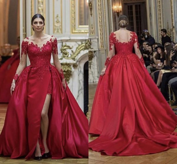 plus size red evening dresses sheer neck long sleeves appliques beading satin split formal prom dresses elegant evening gowns, Black;red
plus size red evening dresses sheer neck long sleeves appliques beading satin split formal prom dresses elegant evening gowns, Black;red