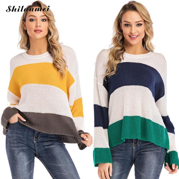 women winter knitted sweaters and pullover fashion autumn long sleeve patchwork striped sweater o neck causal female jumper, White;black
women winter knitted sweaters and pullover fashion autumn long sleeve patchwork striped sweater o neck causal female jumper, White;black