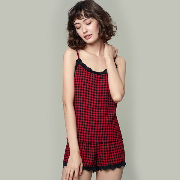 summer sleepwear for women red plaid sleeveless spaghetti strap spants nightwear pyjamas set, Blue;gray
summer sleepwear for women red plaid sleeveless spaghetti strap spants nightwear pyjamas set, Blue;gray