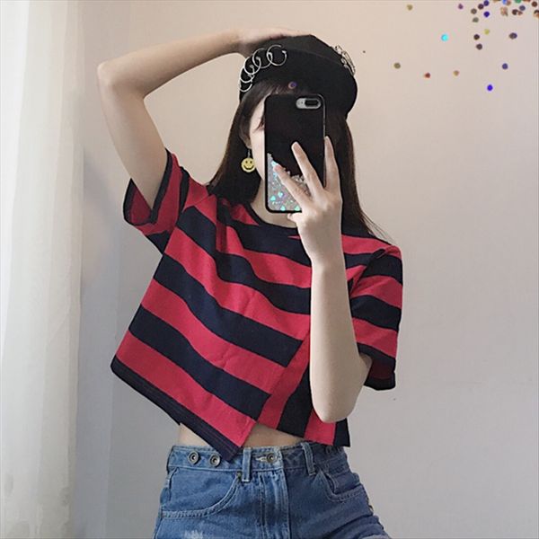 2020 summer clothes round collar loose striped t- women's sleeves harajuku style t-shirt jacket short jacket short irregular base shirt, White
2020 summer clothes round collar loose striped t- women's sleeves harajuku style t-shirt jacket short jacket short irregular base shirt, White