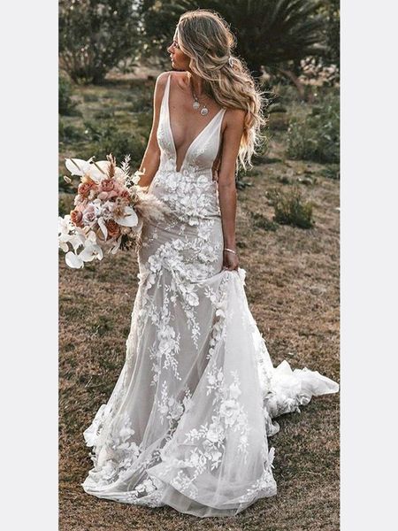 deep v neck open backless wedding dresses mermaid flower appliqued lace outdoor boho bridal gowns bohemian vestido de noiva, White
deep v neck open backless wedding dresses mermaid flower appliqued lace outdoor boho bridal gowns bohemian vestido de noiva, White