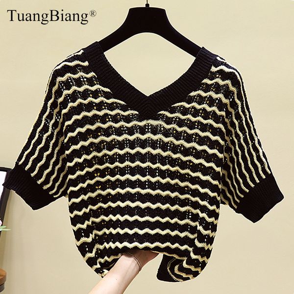women v-neck half sleeve hollow out sweaters 2019 wavy stripes knitted female pullovers loose contrast color ladies jumper, White;black
women v-neck half sleeve hollow out sweaters 2019 wavy stripes knitted female pullovers loose contrast color ladies jumper, White;black