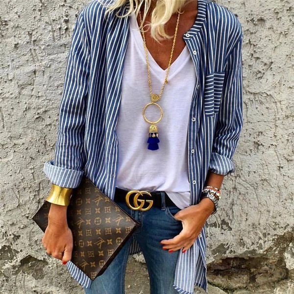 new fashion womens shirts striped long sleeve turn-down collar casual loose blusas femme casual tee ol, White
new fashion womens shirts striped long sleeve turn-down collar casual loose blusas femme casual tee ol, White