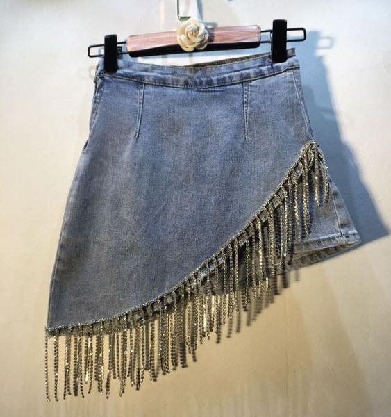 denim skirts for women summer new heavy tassel diamond high waist thin stretch denim skirt female mini skirt jeans jupe mujer, Black
