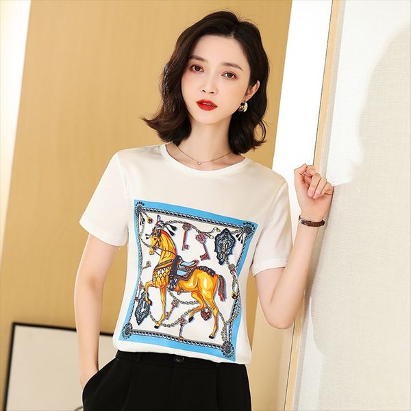 silk short-sleeved t-shirt women's black 2020 women's round collar printing horse half-sleeved mulberry silk thin, White
silk short-sleeved t-shirt women's black 2020 women's round collar printing horse half-sleeved mulberry silk thin, White