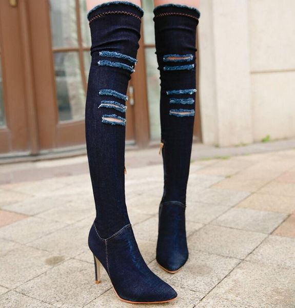 woman feminino over the sapato knee boots pointed toe thin high heels gladiator shoes denim jean chaussures booties femme ab1168, Black
woman feminino over the sapato knee boots pointed toe thin high heels gladiator shoes denim jean chaussures booties femme ab1168, Black