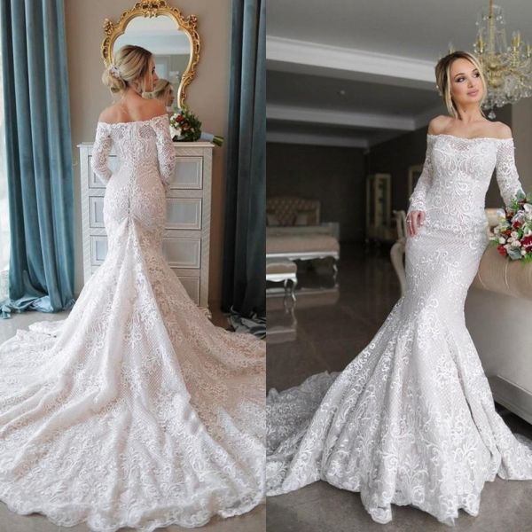 2019 luxury lace wedding dresses long sleeve mermaid off the shoulder neckline fit and flare chapel train bridal gowns reception dress, White
2019 luxury lace wedding dresses long sleeve mermaid off the shoulder neckline fit and flare chapel train bridal gowns reception dress, White