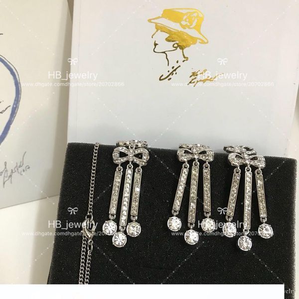 popular fashion brand diamond bow earrings necklace for lady design women party wedding luxury jewelry for bride with box, Golden;silver 
popular fashion brand diamond bow earrings necklace for lady design women party wedding luxury jewelry for bride with box, Golden;silver