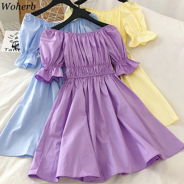 woherb women dress summer new korean clothes slash neck ruffles robe off shoulder flare sleeve vestidos solid sweet dresses, Black;gray
woherb women dress summer new korean clothes slash neck ruffles robe off shoulder flare sleeve vestidos solid sweet dresses, Black;gray