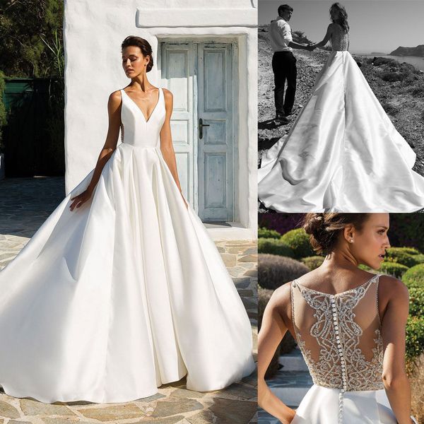 romantic beach wedding dresses a line v neck lace back appliqued boho wedding dress sweep train satin country bridal gowns vestidos de novia, White
romantic beach wedding dresses a line v neck lace back appliqued boho wedding dress sweep train satin country bridal gowns vestidos de novia, White