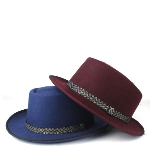 fashion men's women's pork pie hat wool flat fedora hat jazz size 58cm, Blue;gray 
fashion men's women's pork pie hat wool flat fedora hat jazz size 58cm, Blue;gray