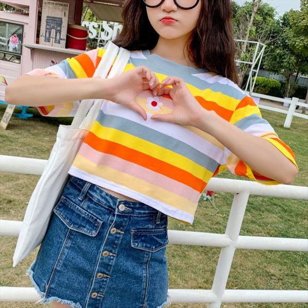 rainbow striped shorts and shorts short-sleeved t-shirt female 2020 loose student versatile t-shirt short suit navel female, White
rainbow striped shorts and shorts short-sleeved t-shirt female 2020 loose student versatile t-shirt short suit navel female, White