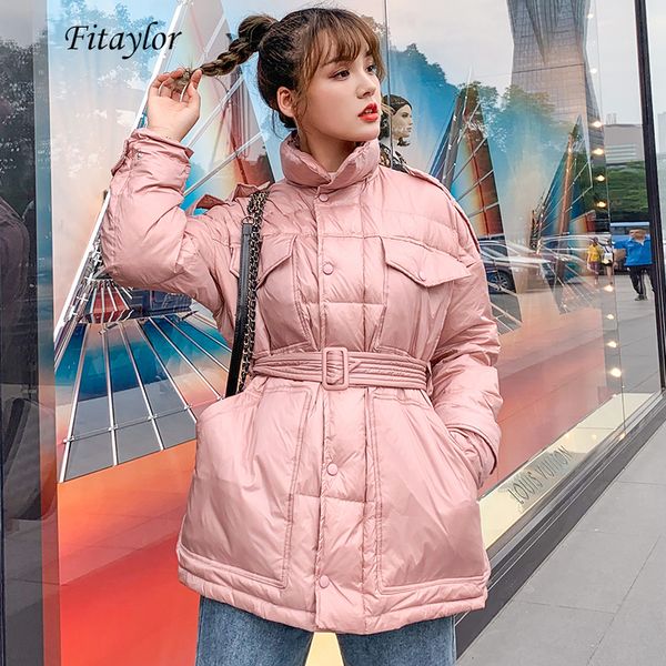 fitaylor women winter down jacket ultra light white duck down parka stand collar single breasted female loose outwear with belt, Black
fitaylor women winter down jacket ultra light white duck down parka stand collar single breasted female loose outwear with belt, Black