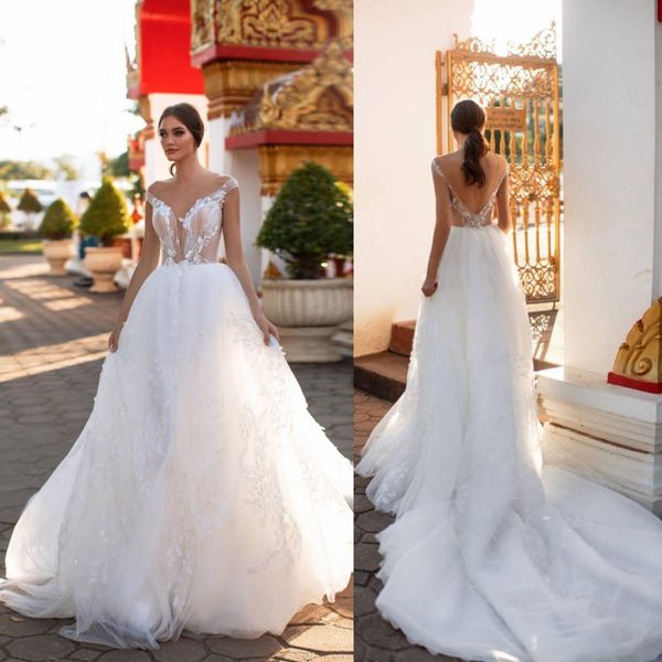 2019 milla nova summer lace wedding dresses appliqued off the shoulder backless bridal gowns court train a line bohemian wedding dress, White
2019 milla nova summer lace wedding dresses appliqued off the shoulder backless bridal gowns court train a line bohemian wedding dress, White
