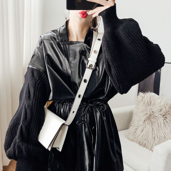 women autumn winter new fashion leather jackets coats stand collar lantern sleeve knits patchwork pu loose jackets, Black
women autumn winter new fashion leather jackets coats stand collar lantern sleeve knits patchwork pu loose jackets, Black