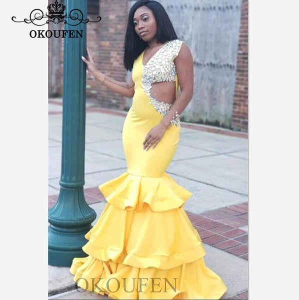 yellow tiered mermaid prom dresses with crystal 2020 side waist plunging neck long evening dress party gown, White;black
yellow tiered mermaid prom dresses with crystal 2020 side waist plunging neck long evening dress party gown, White;black