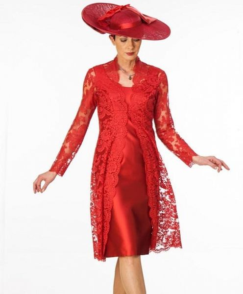 2020 sheath red mother of the bride dresses two pieces with long lace jacket scoop neckline mother wear knee length evening dress, Black;red
2020 sheath red mother of the bride dresses two pieces with long lace jacket scoop neckline mother wear knee length evening dress, Black;red