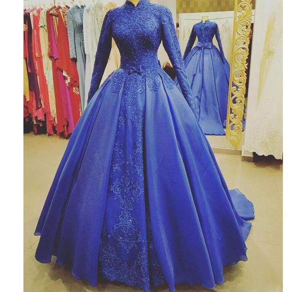 royal blue muslim wedding dresses high collar long sleeve appliques with sequin wedding dress sweep train organza bridal gown, White
royal blue muslim wedding dresses high collar long sleeve appliques with sequin wedding dress sweep train organza bridal gown, White
