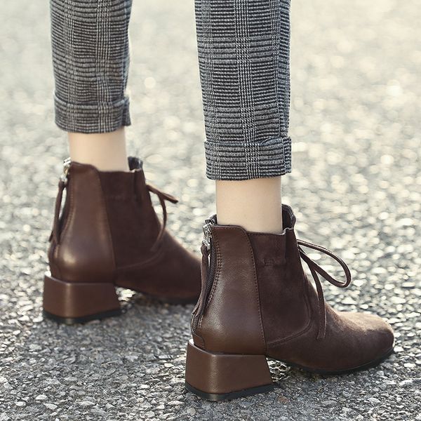 short boots women's new style versatile block heel short boots plus velvet flat, Black