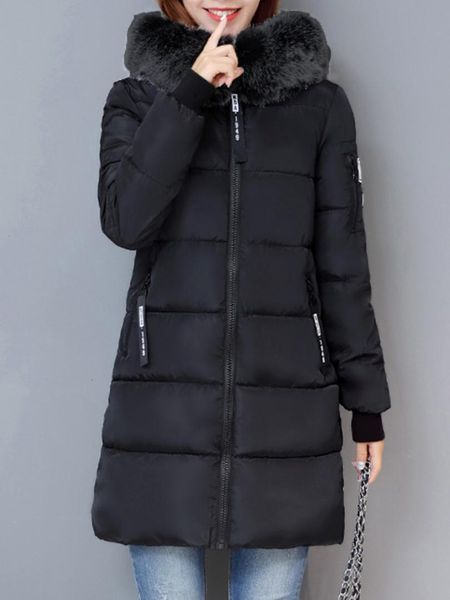 

cotton winter jacket women 2019 hooded zips pocket letters longline padded coat long sleeve longline padded warm thick outerwear, Black