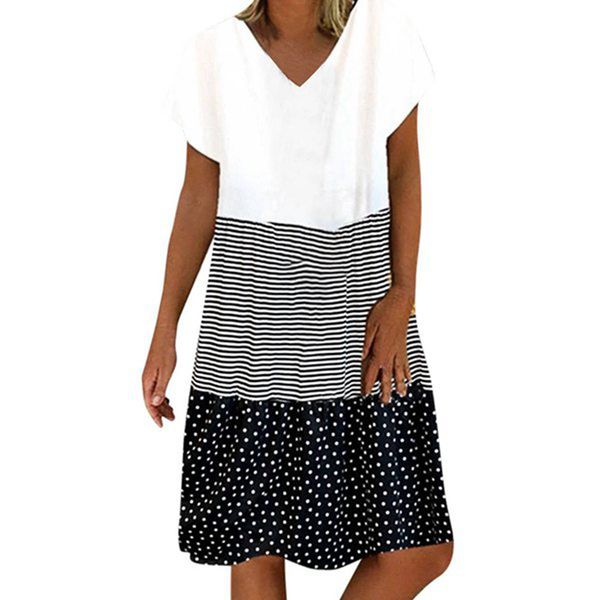 women's fashion print stitching v-neck short sleeve dress, Black;gray 
women's fashion print stitching v-neck short sleeve dress, Black;gray