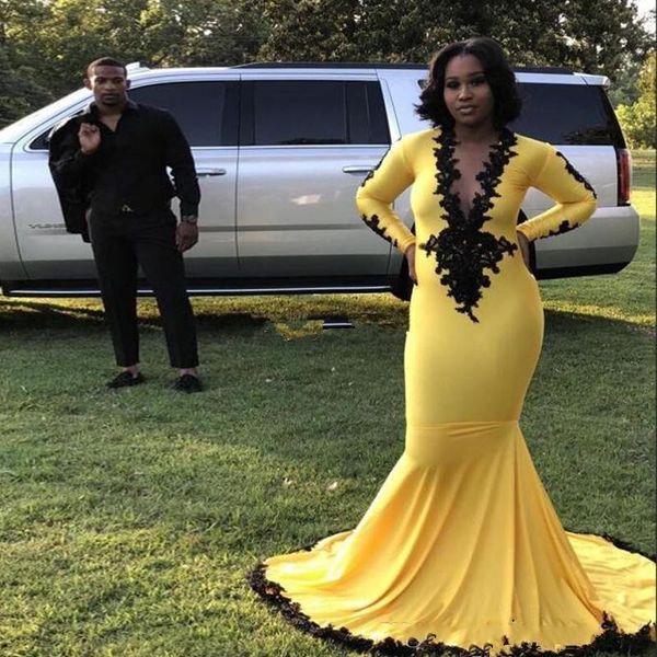 2019 yellow south african mermaid prom dresses long sleeve deep v neck lace satin sweep train evening gowns plus size caftan abendkleider, Black
2019 yellow south african mermaid prom dresses long sleeve deep v neck lace satin sweep train evening gowns plus size caftan abendkleider, Black